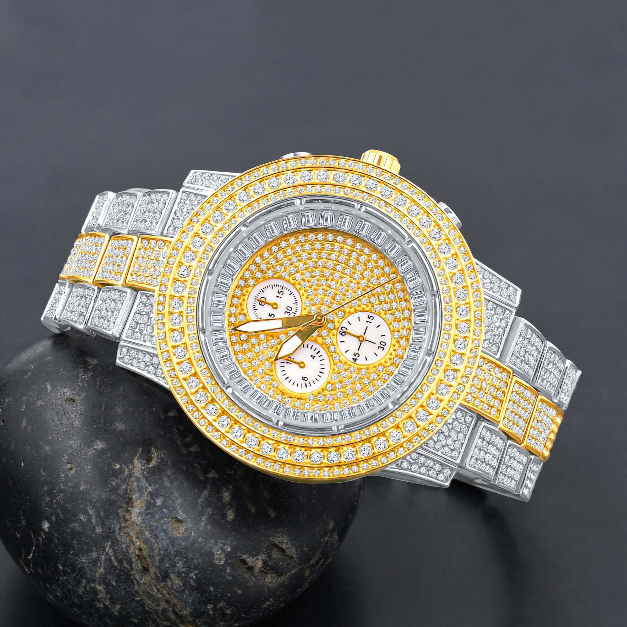 ELITE CASA Hip Hop Metal Watch Comely with a sparkling yellow and silver design on a black background