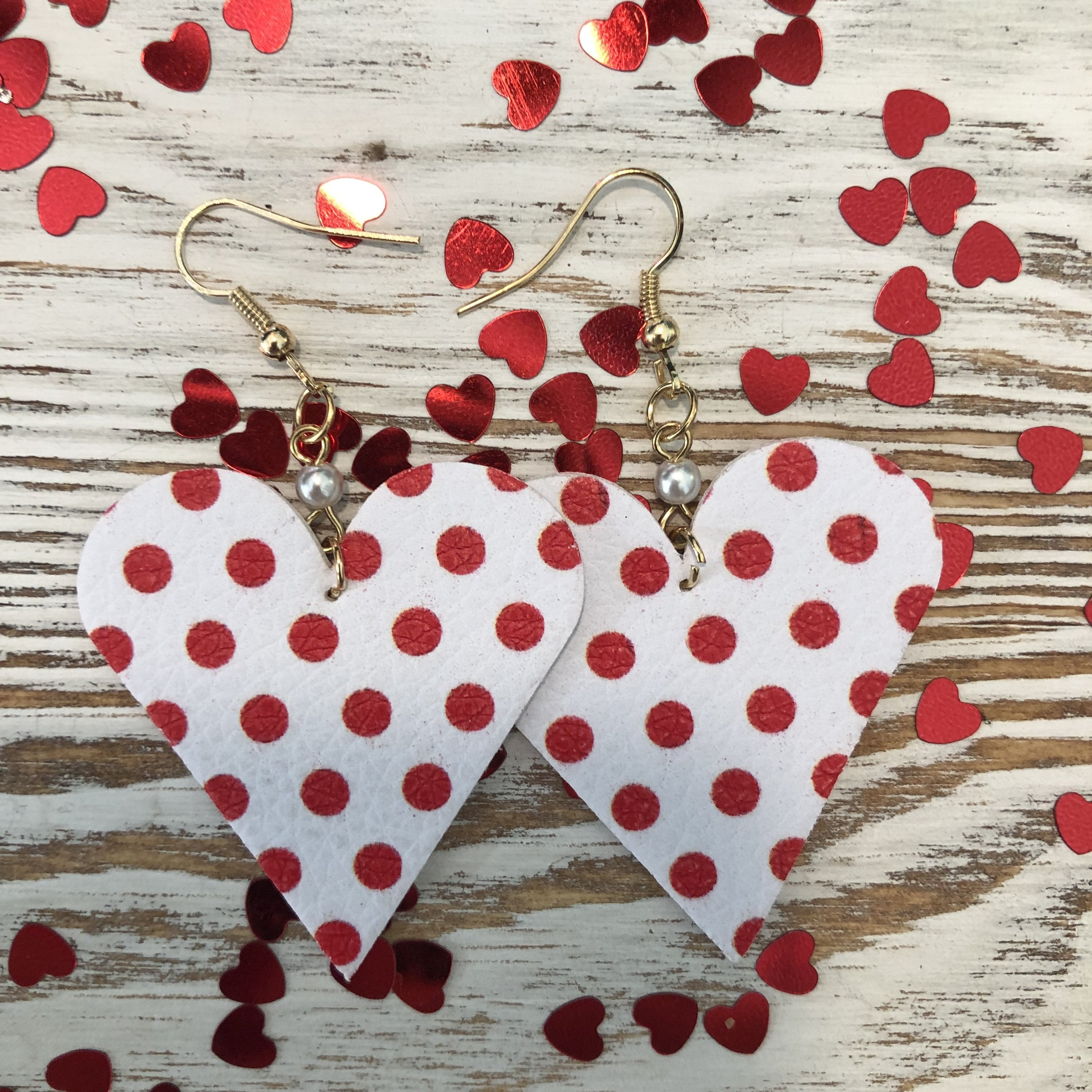 Red White Polka Dot Mini Heart Leather Pearl Earrings Valentines Special