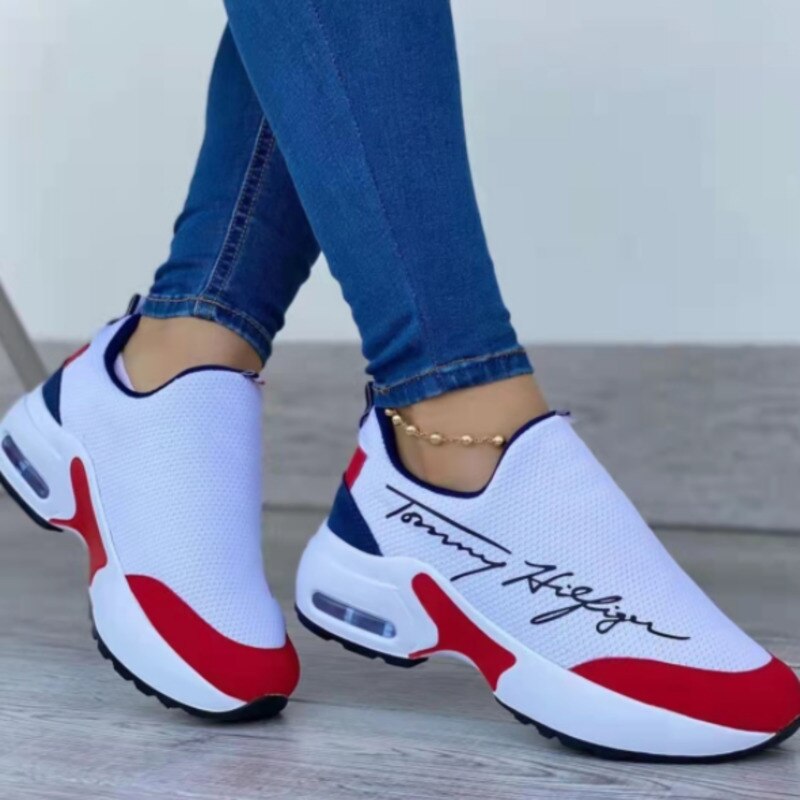 ELITE CASA Casual Breathable Wedge Walking Sneakers in red, white, and blue with Tommy Hilfiger logo.