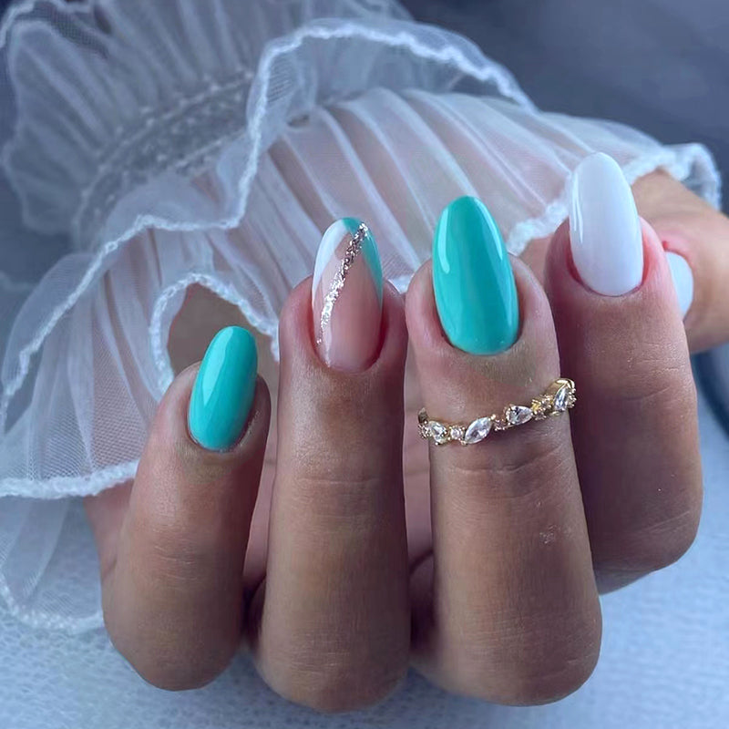 ELITE CASA Press-On Nails Kit featuring elegant turquoise and white nail designs with rhinestone accents.