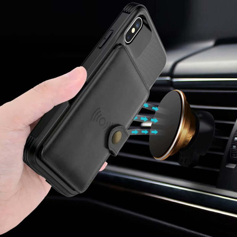 ELITE CASA 360 Magnetic Leather Wallet Armor Case for iPhone in hand near car mount.