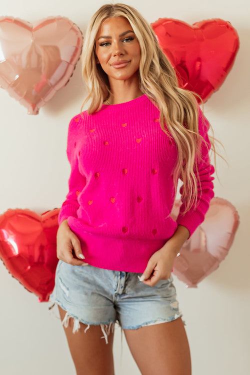 Valentine Heart Drop Shoulder Crewneck Sweater Hot Pink Color