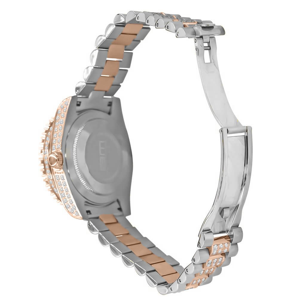 ELITE CASA Rococo Steel CZ Luxury Watch side view showcasing its elegant rose gold and silver bracelet design.