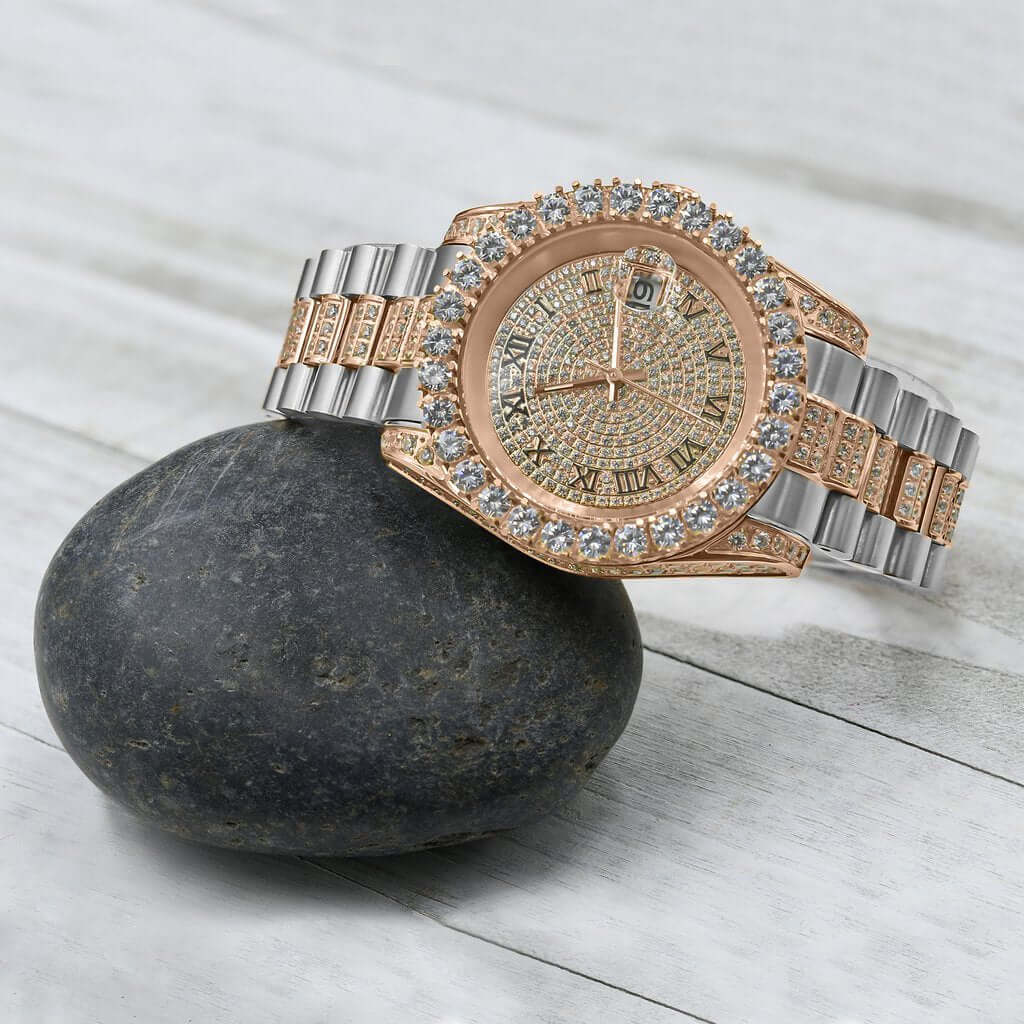 ELITE CASA Rococo Steel CZ Luxury Watch on a stone surface, showcasing its elegant design and sparkling details.