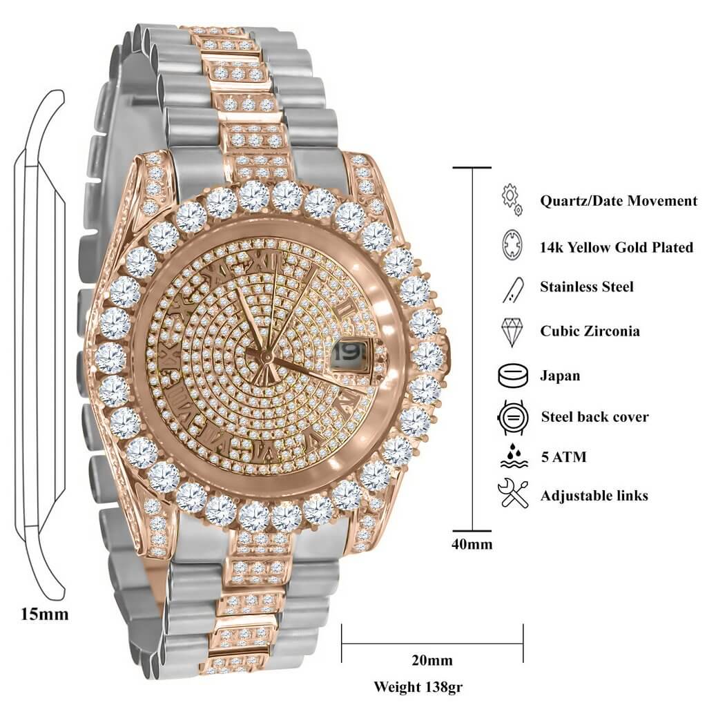 ELITE CASA Rococo Steel CZ Luxury Watch with gold plating, cubic zirconia, and stainless steel design.