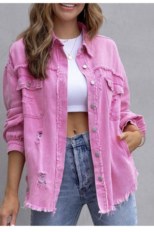 ELITE CASA Tattered Jacket in pink, casual style with distressed details, perfect for modern women's fashion.