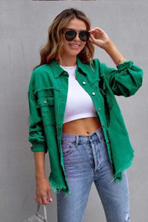 ELITE CASA Tattered Jacket on a model wearing sunglasses and a white top with jeans, showcasing casual style.