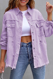 ELITE CASA Tattered Jacket in lavender worn with a white top, showcasing casual style and trendy distressing details.
