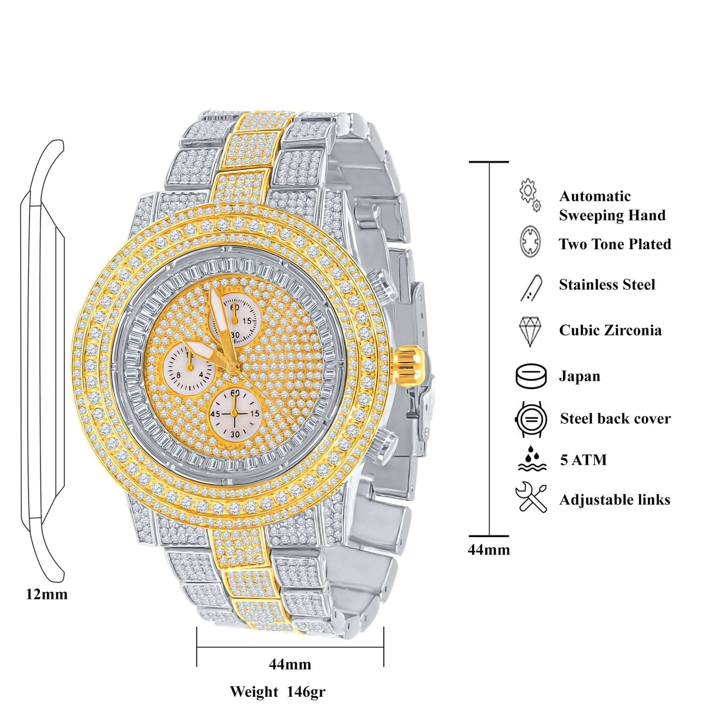 ELITE CASA Hip Hop Metal Watch Comely features gold and silver accents, cubic zirconia, and a two-tone stainless steel design.