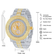 ELITE CASA Hip Hop Metal Watch Comely features gold and silver accents, cubic zirconia, and a two-tone stainless steel design.