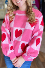 Love Heart Checkered Valentine Crew Neck Sweater