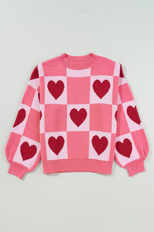Love Heart Checkered Valentine Crew Neck Sweater