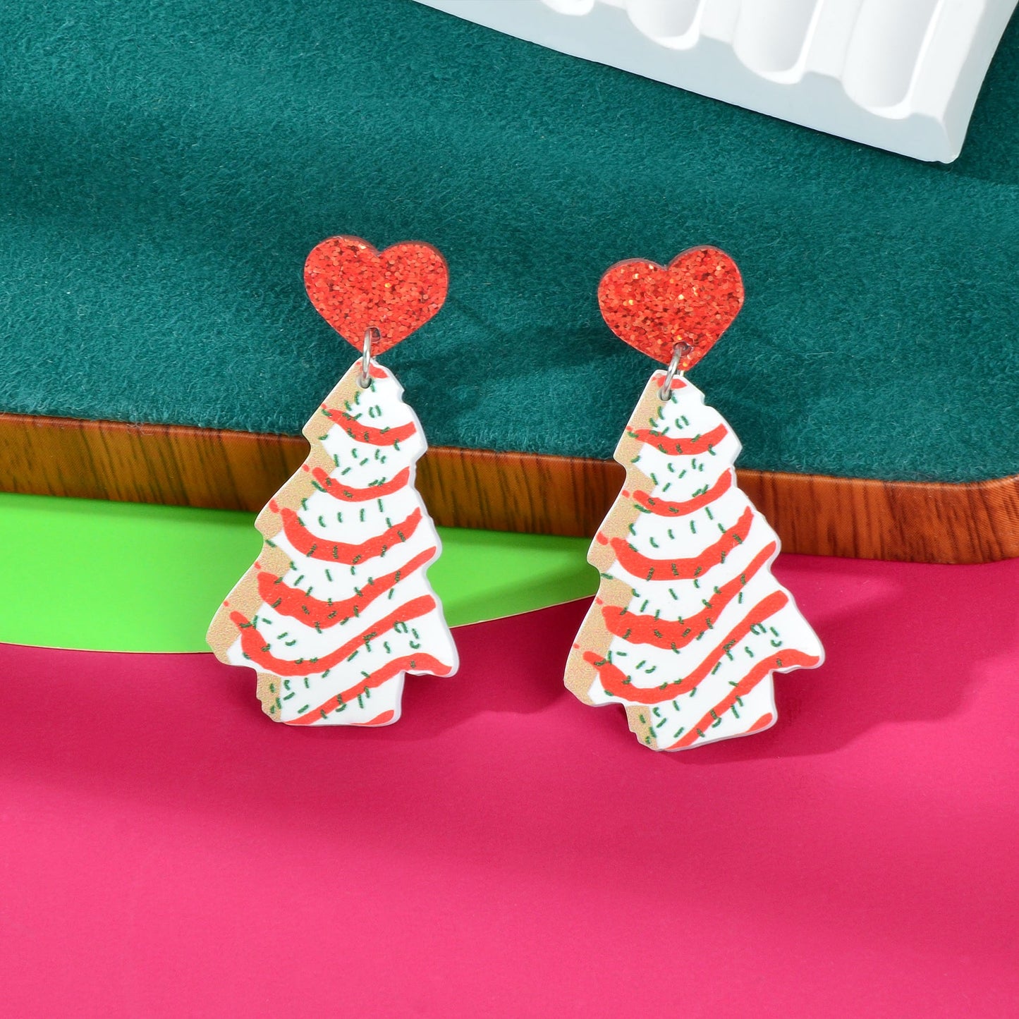 ELITE CASA Festive Christmas Tree Pendant Dangle Earrings Dainty in colorful design with heart-shaped tops.