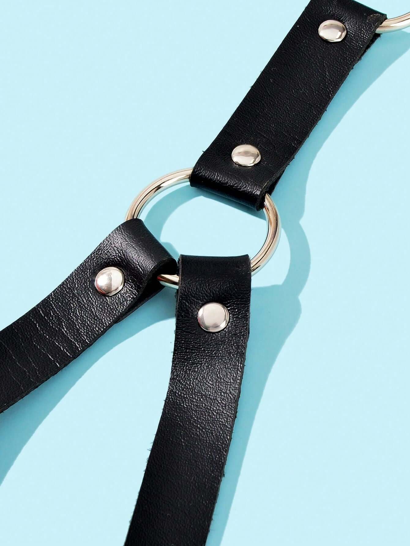 ELITE CASA Black PU Leather Belly Harness with Chain