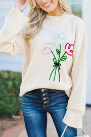 Embroidered Flower Ribbed Loose Sweater