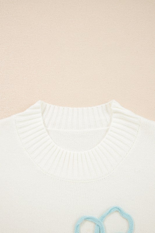 Embroidered Flower Ribbed Loose Sweater