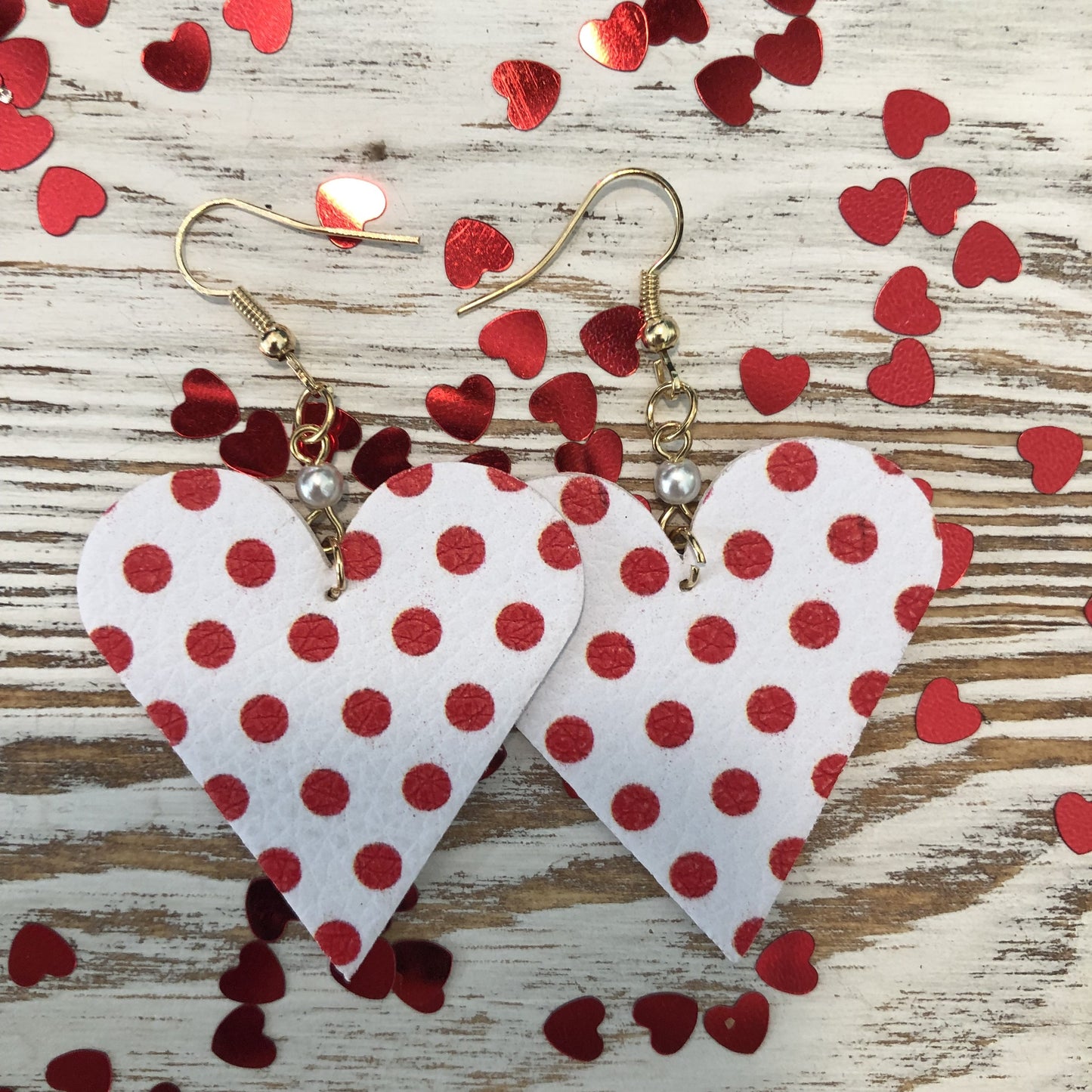 Red White Polka Dot Mini Heart Leather Pearl Earrings Valentines Special