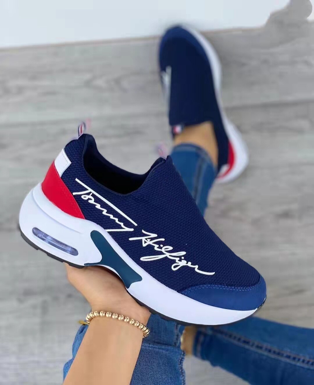 ELITE CASA Casual Breathable Wedge Walking Sneakers in navy blue with white and red detailing.