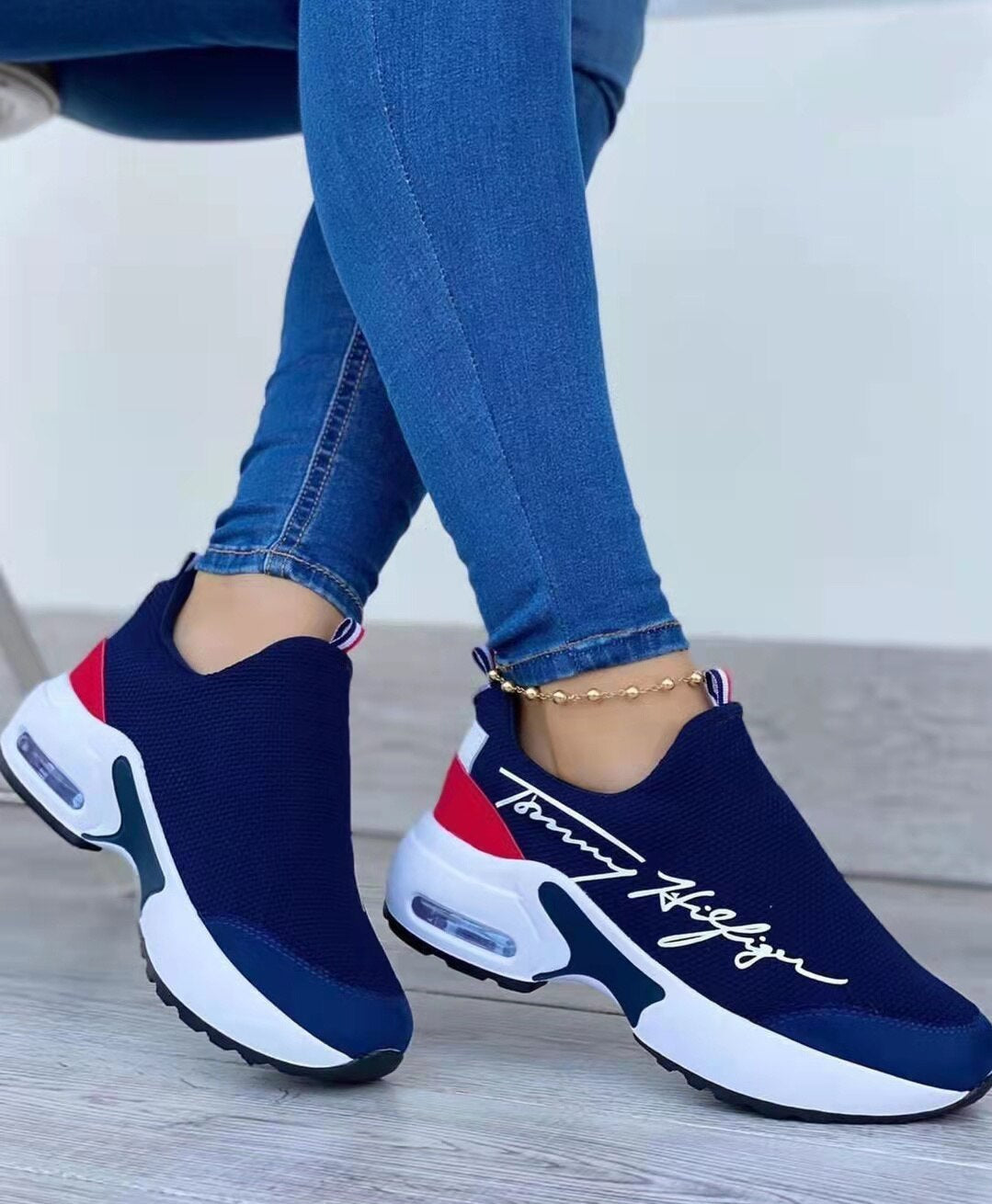 ELITE CASA Casual Breathable Wedge Walking Sneakers in navy with signature logo and stylish design.