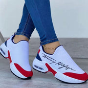 ELITE CASA Casual Breathable Wedge Walking Sneakers in red, white, and blue with Tommy Hilfiger logo.