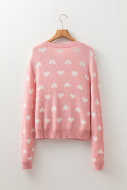 White Heart Printed Button   Front Cardigan Sweater Valentines Special  Baby Pink