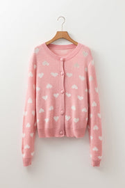 White Heart Printed Button   Front Cardigan Sweater Valentines Special  Baby Pink
