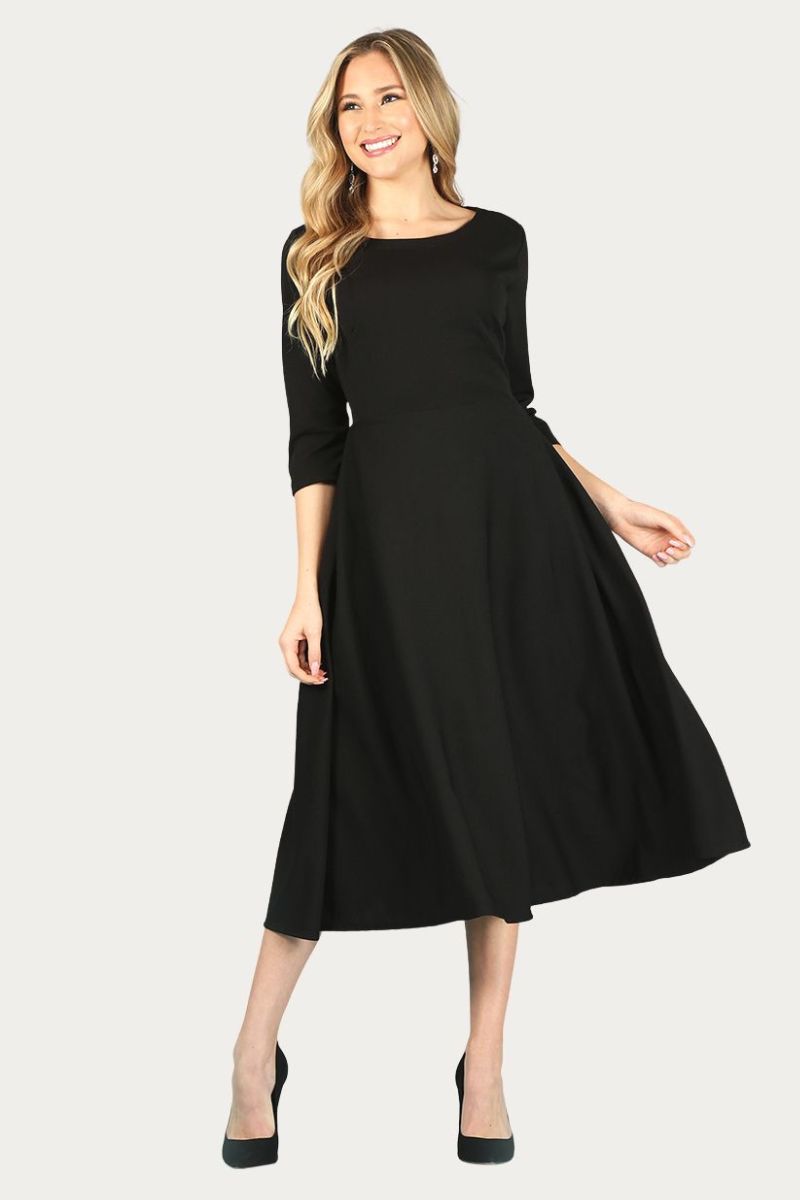 Midi, A-Line Dress with 3/4 Sleeves and Pockets Party Wear