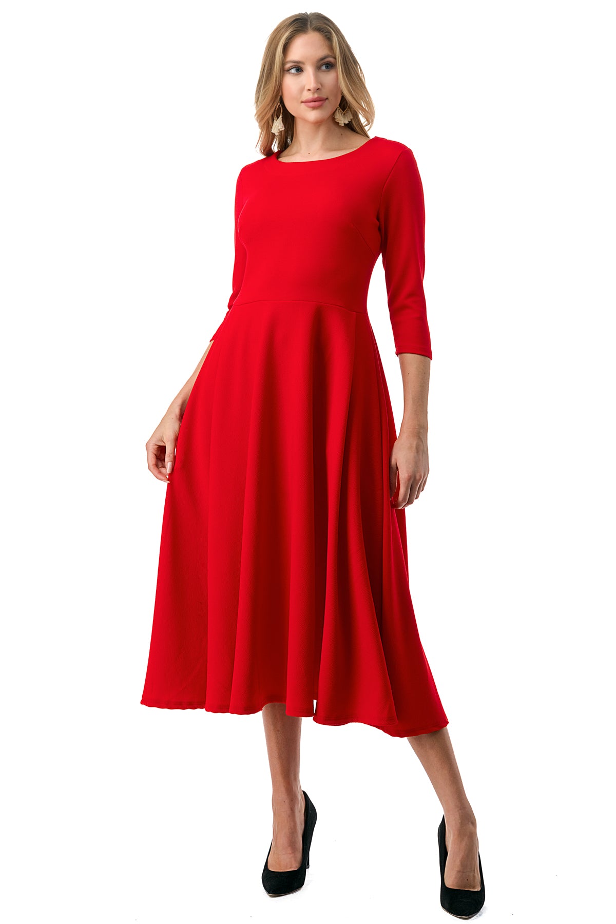 Midi, A-Line Dress with 3/4 Sleeves and Pockets Party Wear