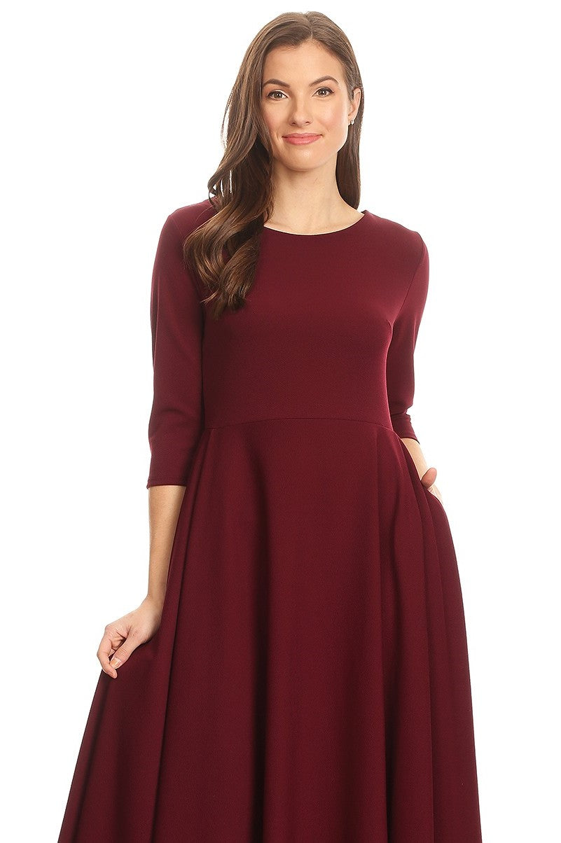 Midi, A-Line Dress with 3/4 Sleeves and Pockets Party Wear