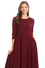 Midi, A-Line Dress with 3/4 Sleeves and Pockets Party Wear