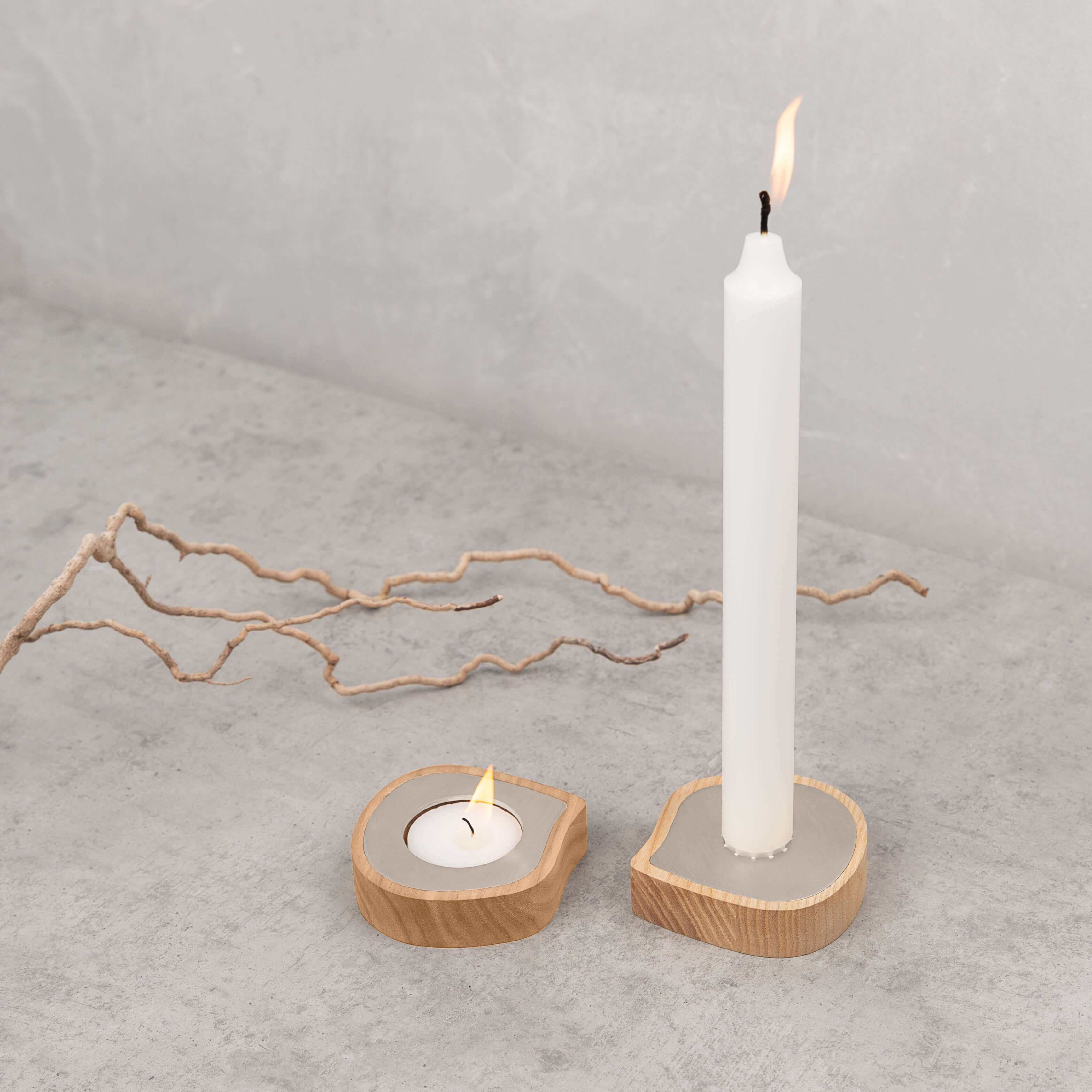 ELITE CASA Ash Wood & Steel Candle Holder