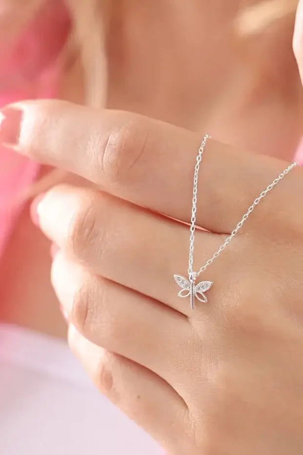 ELITE CASA 925 Silver Dragonfly Necklace Zircon