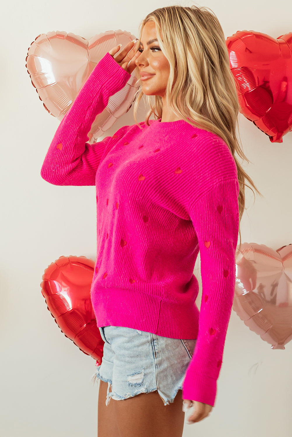 Valentine Heart Drop Shoulder Crewneck Sweater Hot Pink Color