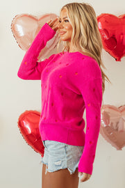 Valentine Heart Drop Shoulder Crewneck Sweater Hot Pink Color
