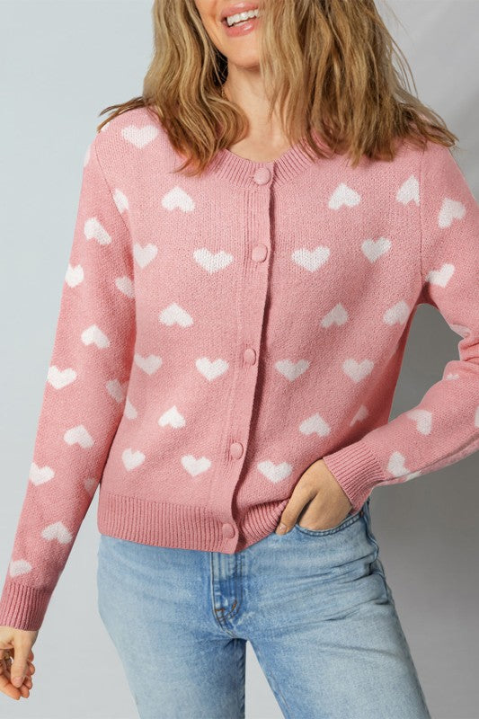 White Heart Printed Button   Front Cardigan Sweater Valentines Special  Baby Pink