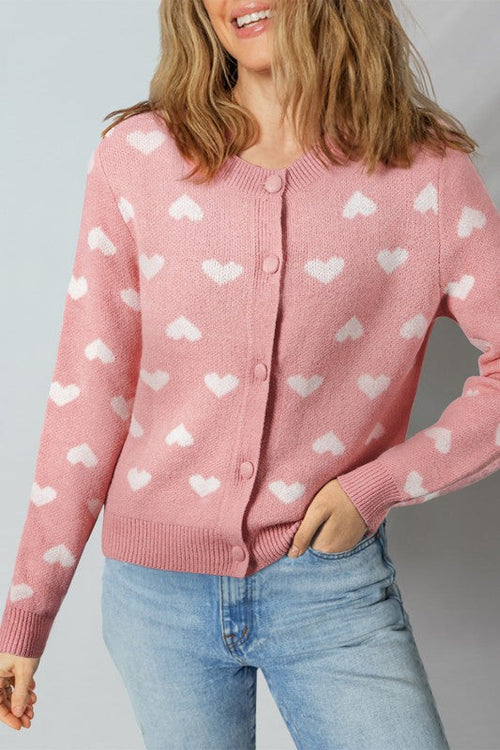 White Heart Printed Button   Front Cardigan Sweater Valentines Special  Baby Pink