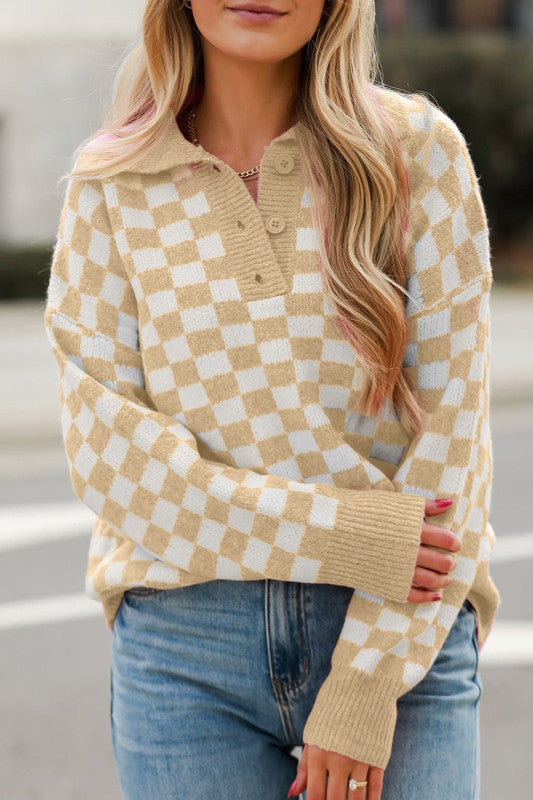 Elaina Checkered Sweater Soft Pink and Beige
