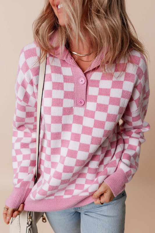 Elaina Checkered Sweater Soft Pink and Beige