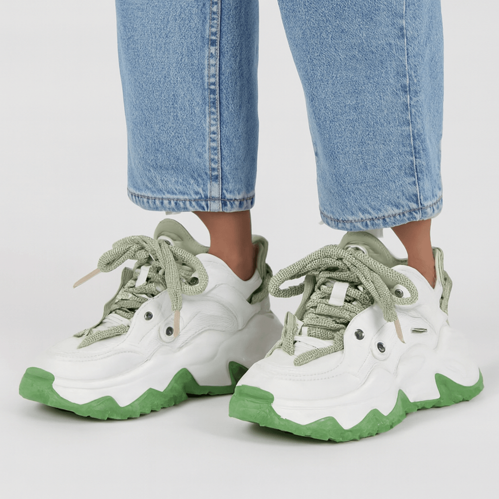 ELITE CASA White-Green Chunky Rope-Lace Sneakers