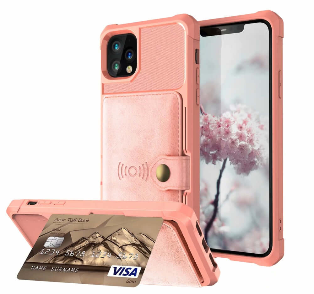 ELITE CASA 360 Magnetic Leather Wallet Armor Case for iPhone in pink with card holder feature and smartphone.