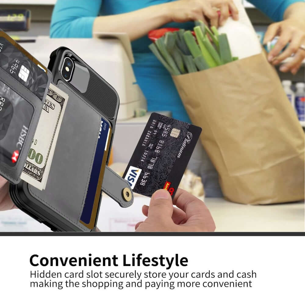 ELITE CASA 360 Magnetic Leather Wallet Armor Case for iPhone showcasing convenient card storage while shopping.