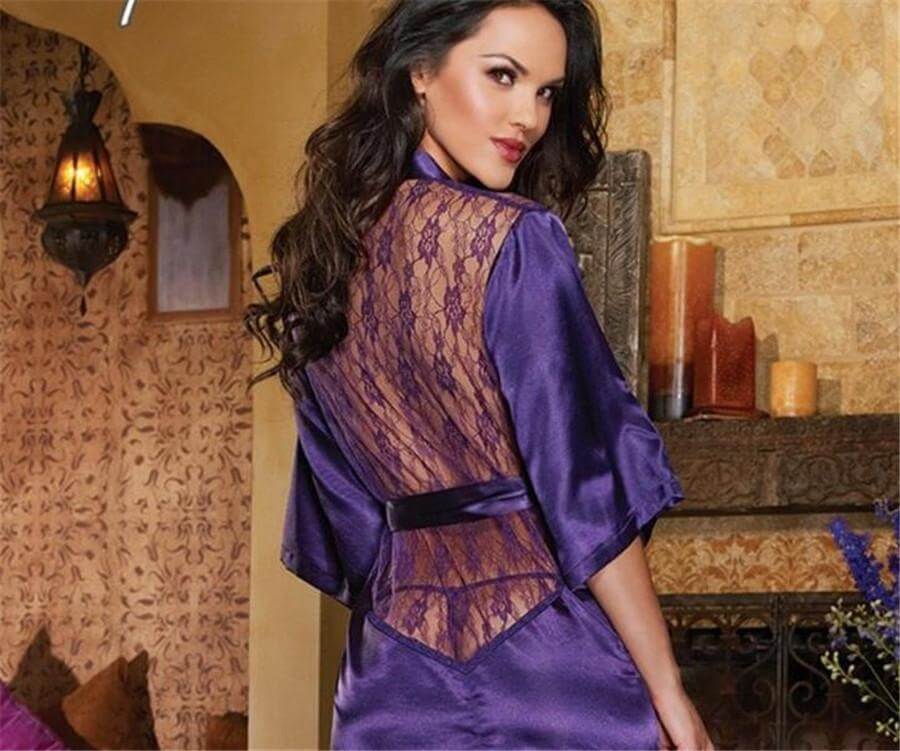 ELITE CASA Plus Size Satin Kimono Lingerie Dress