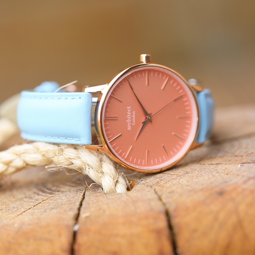 Ladies Architēct Coral - Handwriting Engraving + Light Blue Strap - Image 2