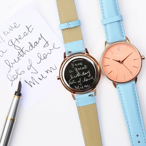 Ladies Architēct Coral - Handwriting Engraving + Light Blue Strap - Image 6