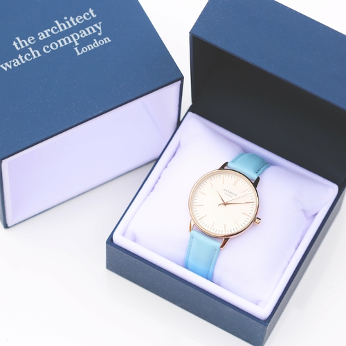 Ladies Architēct Blanc - Modern Font Engraving + Light Blue Strap - Image 3