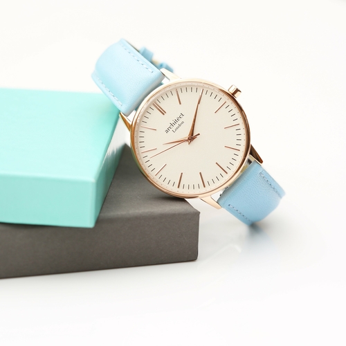 Ladies Architēct Blanc - Modern Font Engraving + Light Blue Strap - Image 4