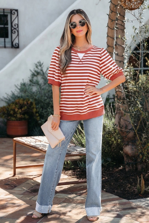 Stripe Short Bubble Sleeve T-Shirt - Image 3