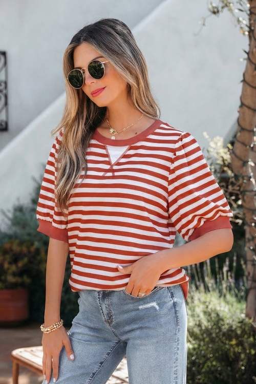 Stripe Short Bubble Sleeve T-Shirt