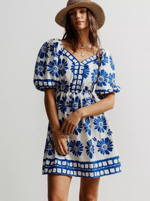 Floral Print Puff Sleeve Mini Dress - Image 2