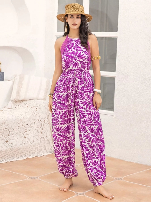 Leaf Print Sleeveless Jumpsuit - Image 2